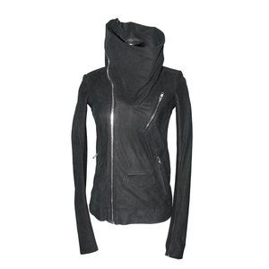 RICK OWENS BLACK SUEDE LEATHER FUNNEL NECK MOTO JACKET VERY SLIM FITTING SZ 4